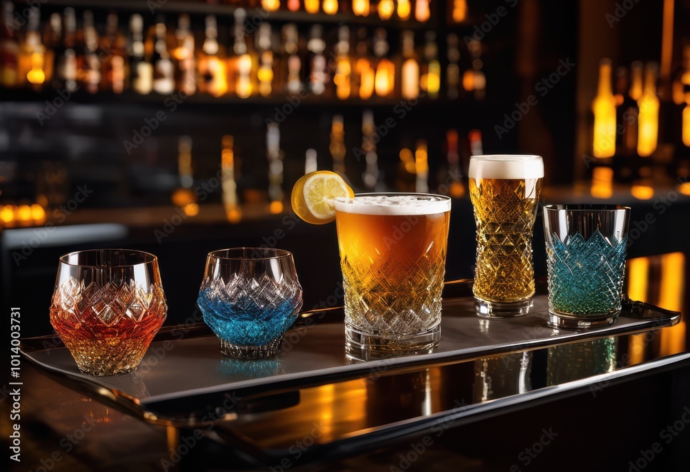 stunning creative beer featuring unique artistic glassware setups eye catching visual presentation, beverage, brewery, craft, composition, contrast