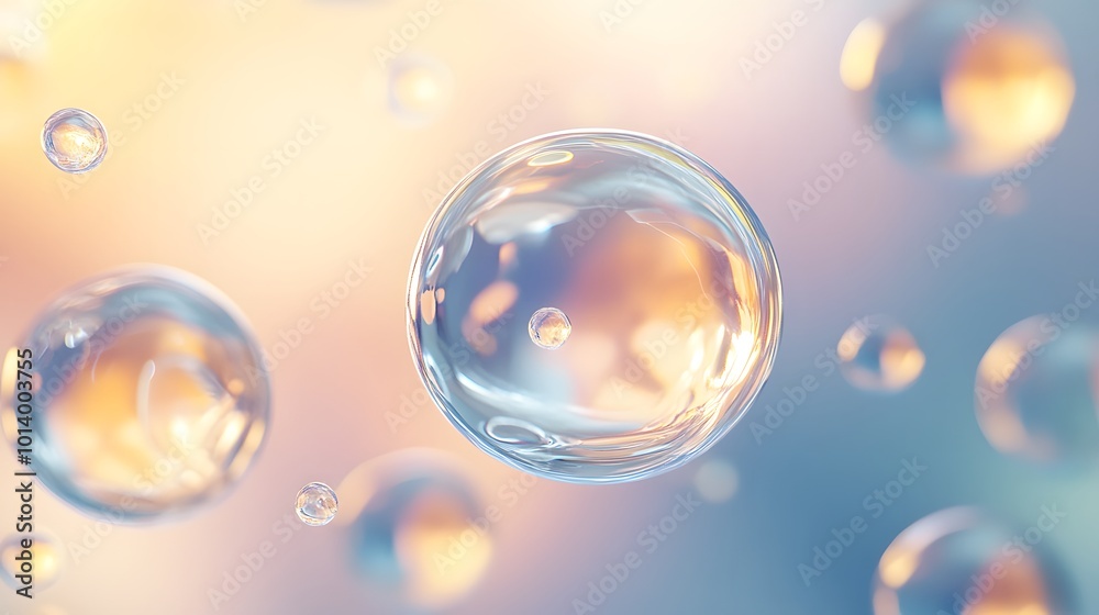 Molecule inside a transparent liquid bubble on a soft background, representing a skincare cosmetics solution Molecule inside a transparent liquid bubble on a soft background, representing a skincare cosmetics solution