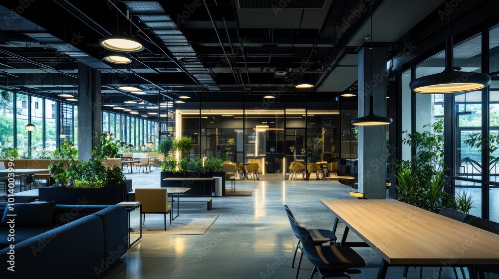 A modern co-working space with smart lighting that adjusts based on occupancy and time of day, optimizing energy use and providing perfect lighting for productivity A modern co-working space with smart lighting that adjusts based on occupancy and time of day, optimizing energy use and providing perfect lighting for productivity