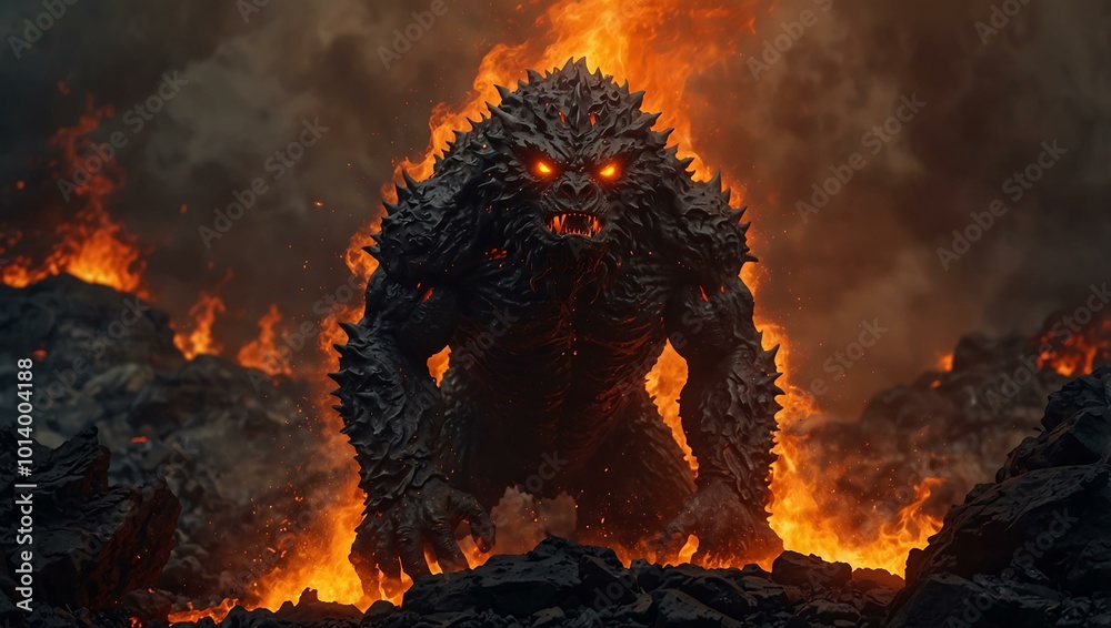 A fierce lava monster emerges from molten rock amidst flames and smoke. A fierce lava monster emerges from molten rock amidst flames and smoke.
