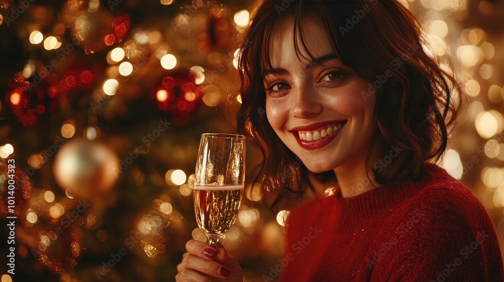 Woman Celebrating Holiday Cheer with Sparkling Drink by Christmas Tree Woman Celebrating Holiday Cheer with Sparkling Drink by Christmas Tree