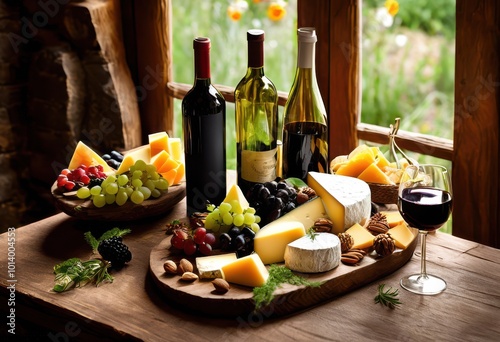 elegant display assorted wine bottles complementing perfectly arranged cheese platter accompaniments garnishes, appetizer, arrangement, board, bowl