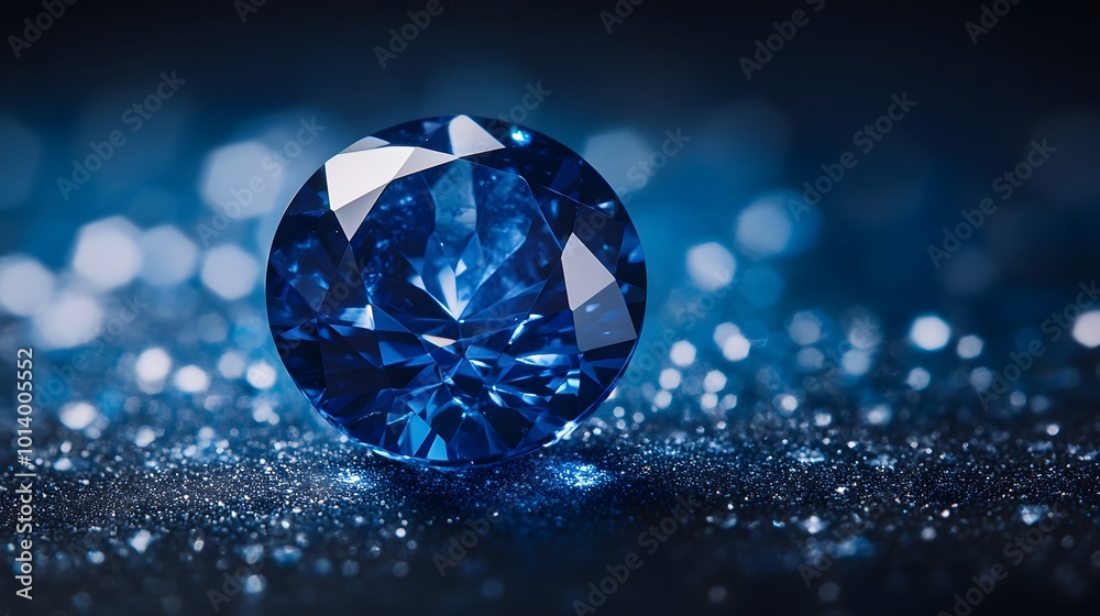 Natural blue sapphire set against a blue-black background, highlighting its rich blue hues and crystalline clarity