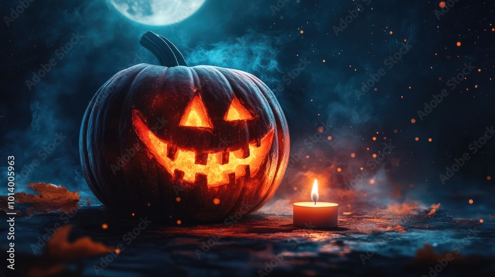 Spooky Halloween Night: Glowing Jack-o'-Lantern and Candle Under Full Moon Spooky Halloween Night: Glowing Jack-o'-Lantern and Candle Under Full Moon