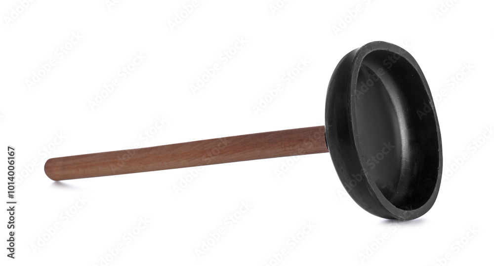 Plunger with wooden handle isolated on white. Pipe cleaning tool Plunger with wooden handle isolated on white. Pipe cleaning tool