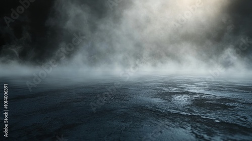 Texture of a dark concrete floor with mist or fog hovering above A 3D rendering illustrating an eerie and atmospheric setting