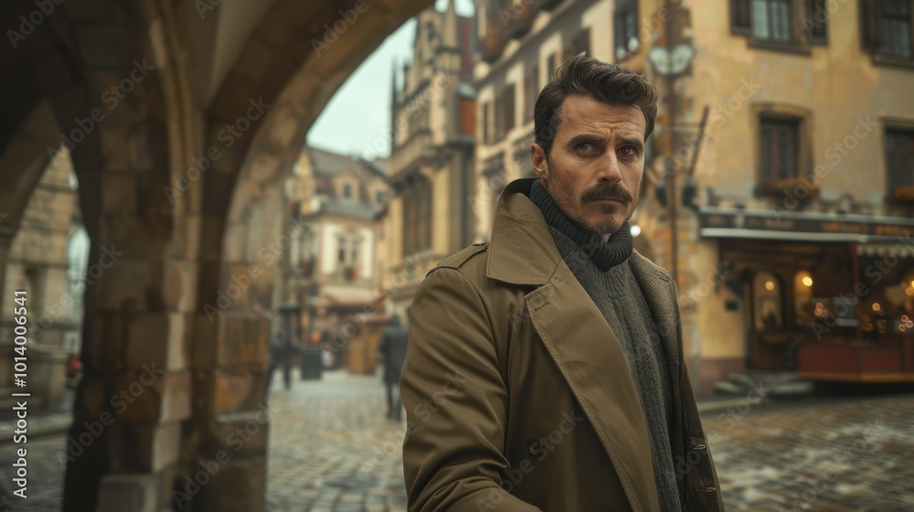 Stylish Man in Trench Coat Walking Through Historic European City Square for Timeless Fashion Concept Stylish Man in Trench Coat Walking Through Historic European City Square for Timeless Fashion Concept