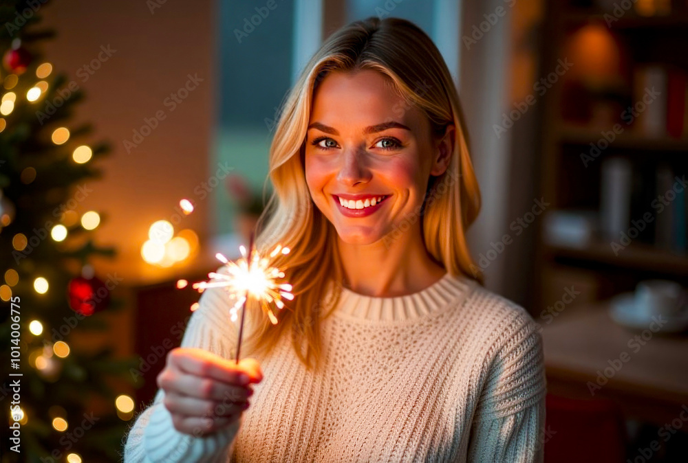 Beautiful Blonde Female smiling and holding burning Sparkler blast. Happy Young Woman Holding burning Sparkler by a lit Christmas tree, cozy background with bokeh
