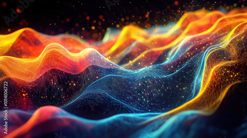 Abstract futuristic digital wallpaper with colorful wavy mesh web 
