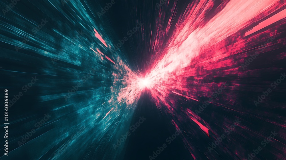 Abstract blue and red streaks of light converge in a central white glow, simulating a futuristic, high-speed travel concept. Abstract blue and red streaks of light converge in a central white glow, simulating a futuristic, high-speed travel concept.