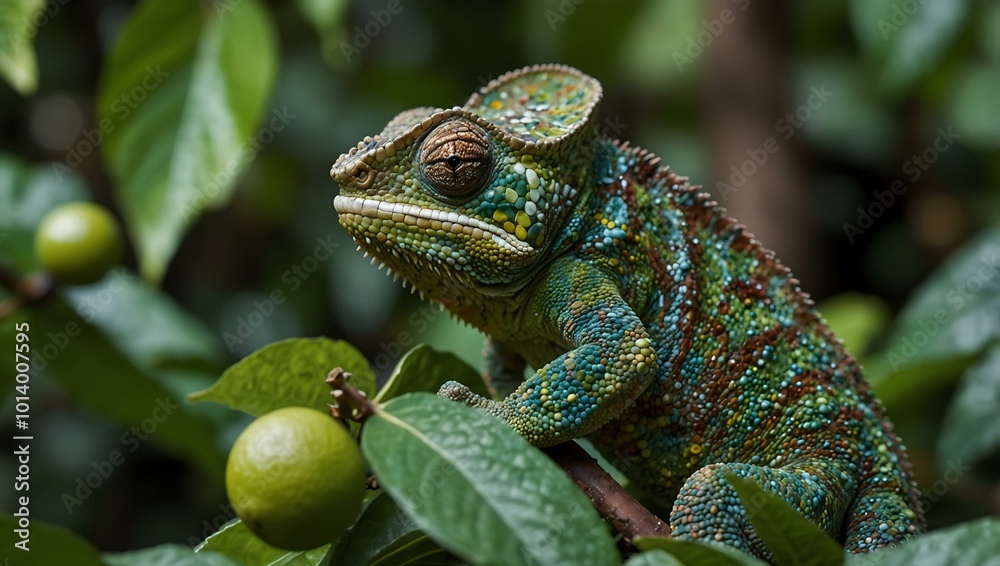 A Jackson chameleon camouflages among lush green leaves and coffee berries. A Jackson chameleon camouflages among lush green leaves and coffee berries.