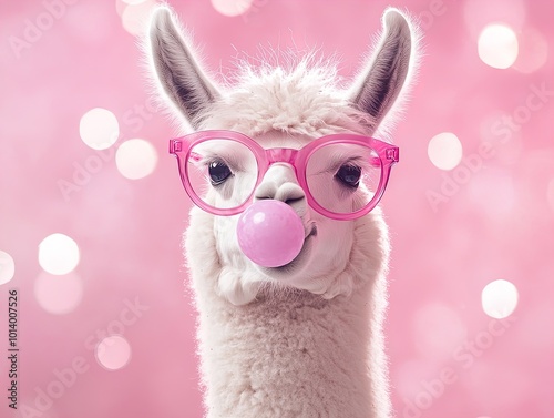 Whimsical Pink Llama with Glasses Chewing Bubblegum: Perfect Retro Poster for...