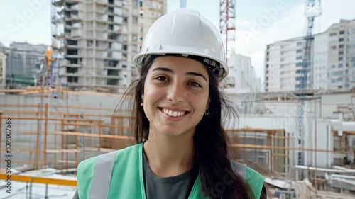 Uruguayan woman civil engineer. Uruguayan civil engineer in front of buildings under construction.