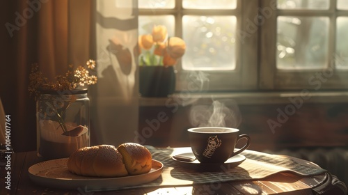 Cozy Morning Breakfast Scene with Pan de Muerto, Coffee, and Sunlight - Perfect for Lifestyle and Food Designs