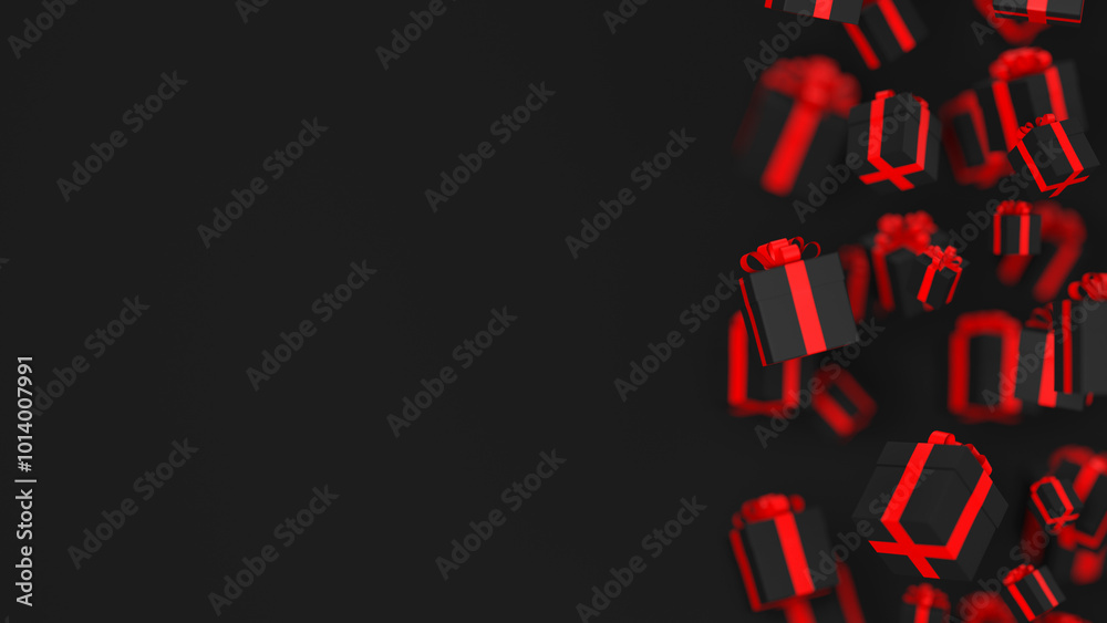 Black Friday Sale 3d illustration, black gift boxes with red ribbon floating on black background. Shopping offer business concept. Sale advertisement backdrop.