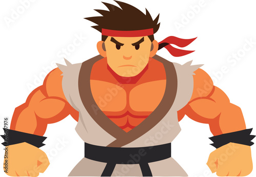 Cartoon illustration of muscular man wearing martial arts outfit standing confidently