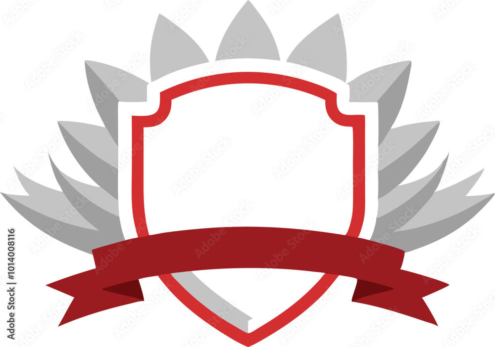 Vector shield emblem with red ribbon and silver feather design for logo or branding Vector shield emblem with red ribbon and silver feather design for logo or branding