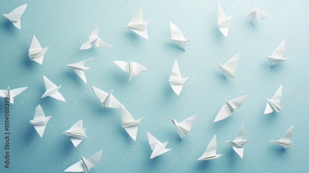 Flock of white origami paper birds Flock of white origami paper birds