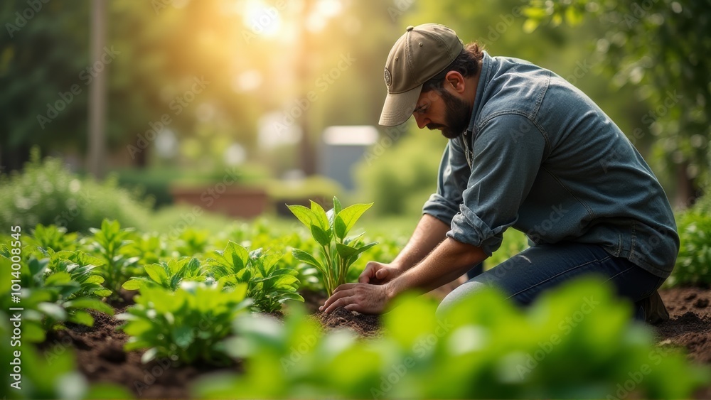 A man plants a sapling in a garden A man plants a sapling in a garden