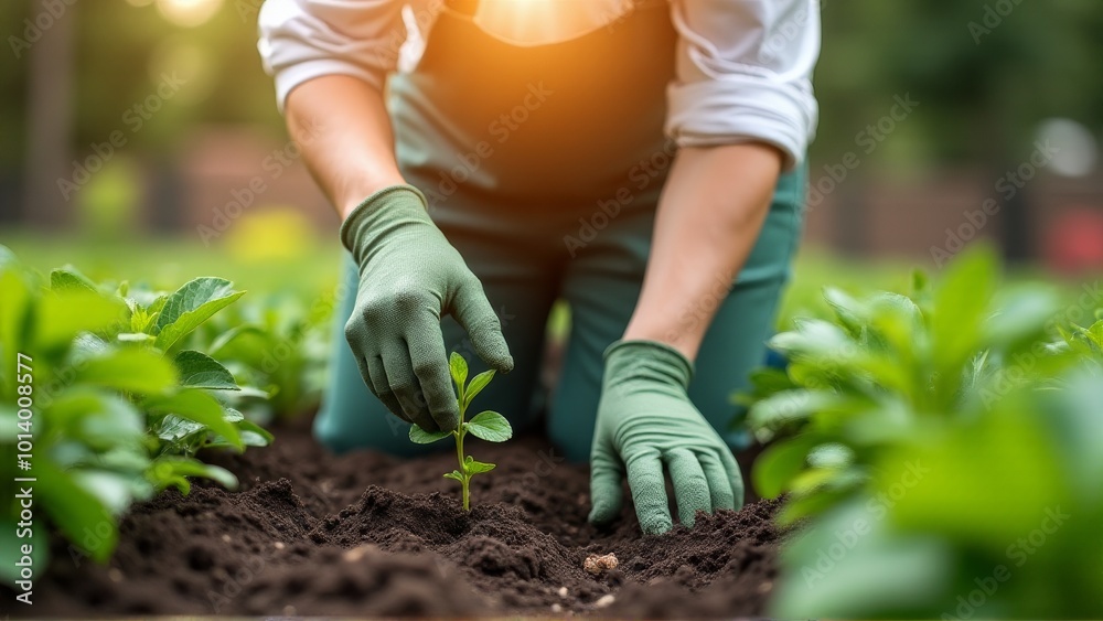 Fototapeta premium A gardener plants a seedling in the soil