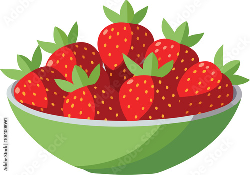 Bowl of fresh strawberries with leaves, a healthy fruit illustration