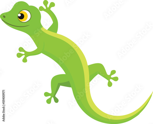 Green gecko lizard climbing, illustrated in a cute cartoon style