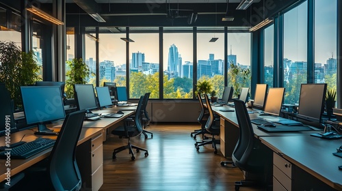 Office room interior with tables in row, panoramic window