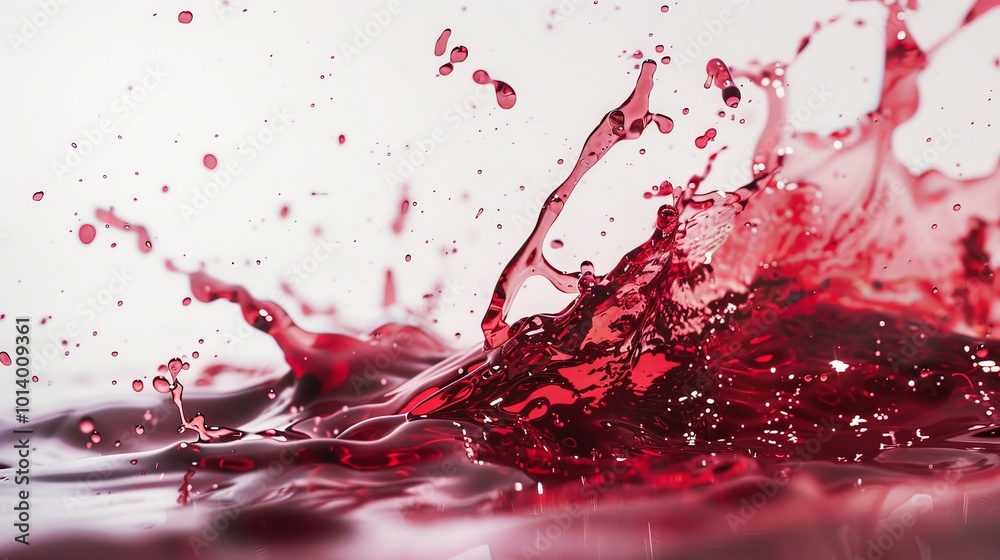 A vibrant red wine splash captures the energy of the liquid as it collides with a surface, creating an artistic display against a clean white backdrop, highlighting the movement and color A vibrant red wine splash captures the energy of the liquid as it collides with a surface, creating an artistic display against a clean white backdrop, highlighting the movement and color
