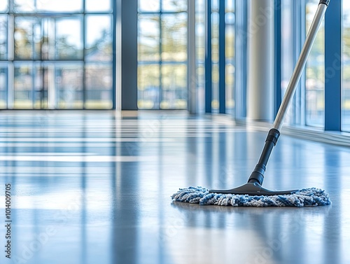 Dynamic Composition of a Pristine Floor with a Mop in Sunlit Corridor: Perfect Poster for Modern Sports Interiors Celebrating Cleanliness and Bright Aesthetics photo