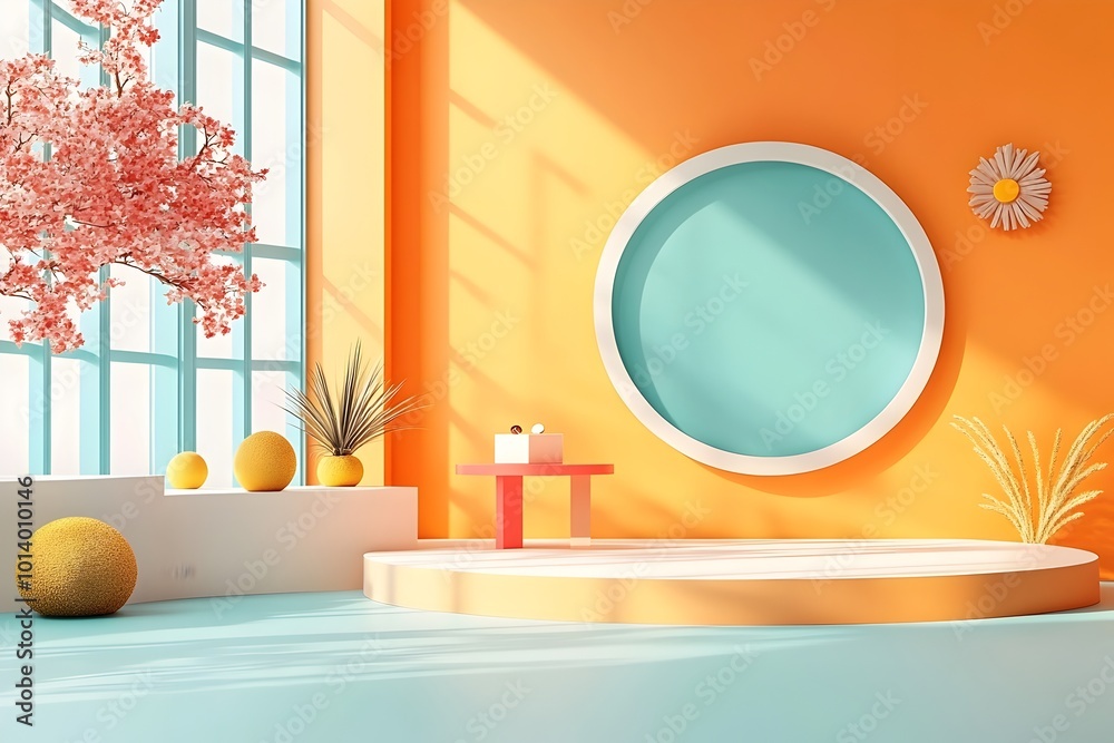 Minimalist and modern 3D studio space with a warm orange gradient backdrop clean floor and wall frames and a geometric product display podium Naturalistic shadows are cast from a bright window Minimalist and modern 3D studio space with a warm orange gradient backdrop clean floor and wall frames and a geometric product display podium Naturalistic shadows are cast from a bright window
