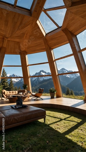 A modern geodesic dome home in a stunning alpine landscape on a sunny day.