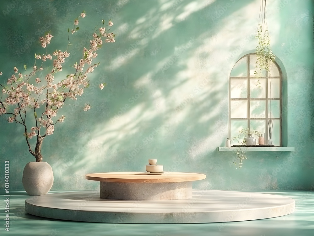Obraz premium Modern 3D studio room with earthy green background empty floor and concrete wall product podium at center shadow overlay from window onto countertop mockup with golden natural sunlight
