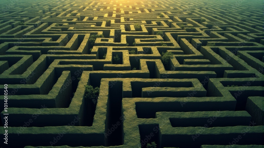 A complex, overgrown hedge maze with a bright light in the distance A complex, overgrown hedge maze with a bright light in the distance