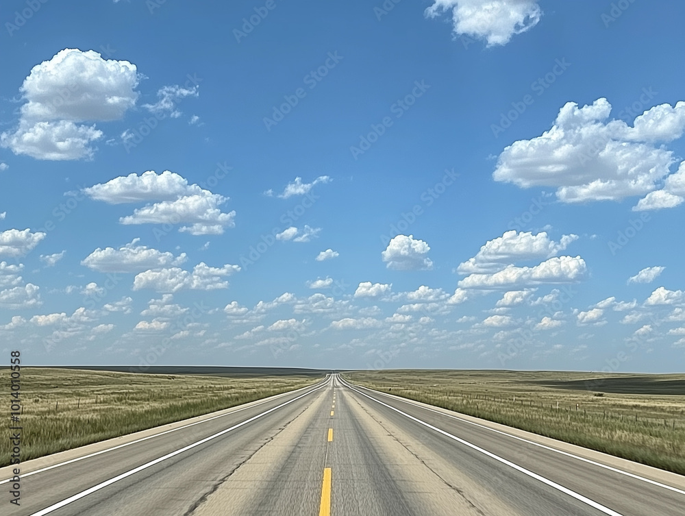Naklejka premium Endless Journey: A Long Straight Highway Stretching into the Horizon