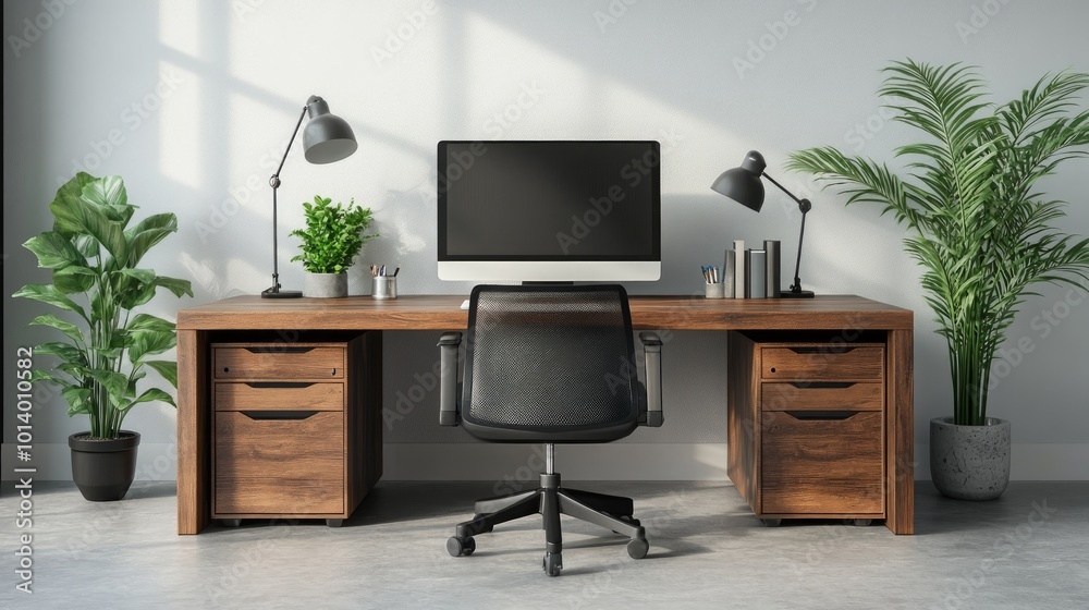 Minimalist home office workspace with a computer, desk lamp, plants and a chair. Minimalist home office workspace with a computer, desk lamp, plants and a chair.