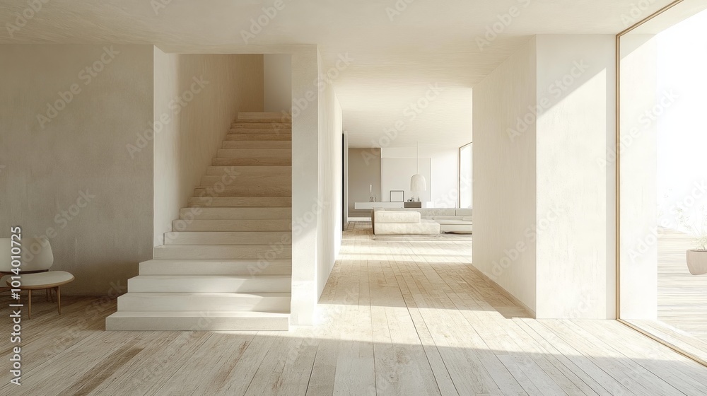 Minimalist interior design with wooden stairs, white walls, and natural light. Minimalist interior design with wooden stairs, white walls, and natural light.