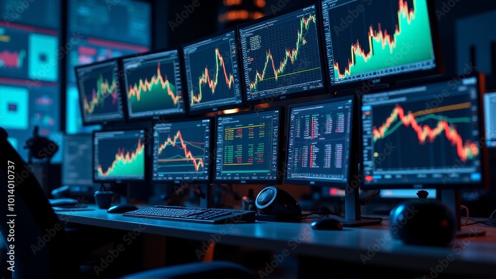 A desk with multiple computer monitors displaying stock charts A desk with multiple computer monitors displaying stock charts