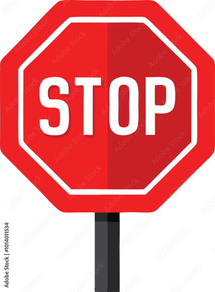 Red stop sign with the word stop in bold white letters, simple road warning illustration