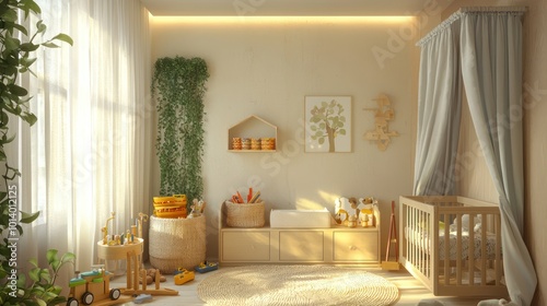 An eco-friendly nursery with non-toxic paint on the walls, organic cotton drapes, and wooden toys