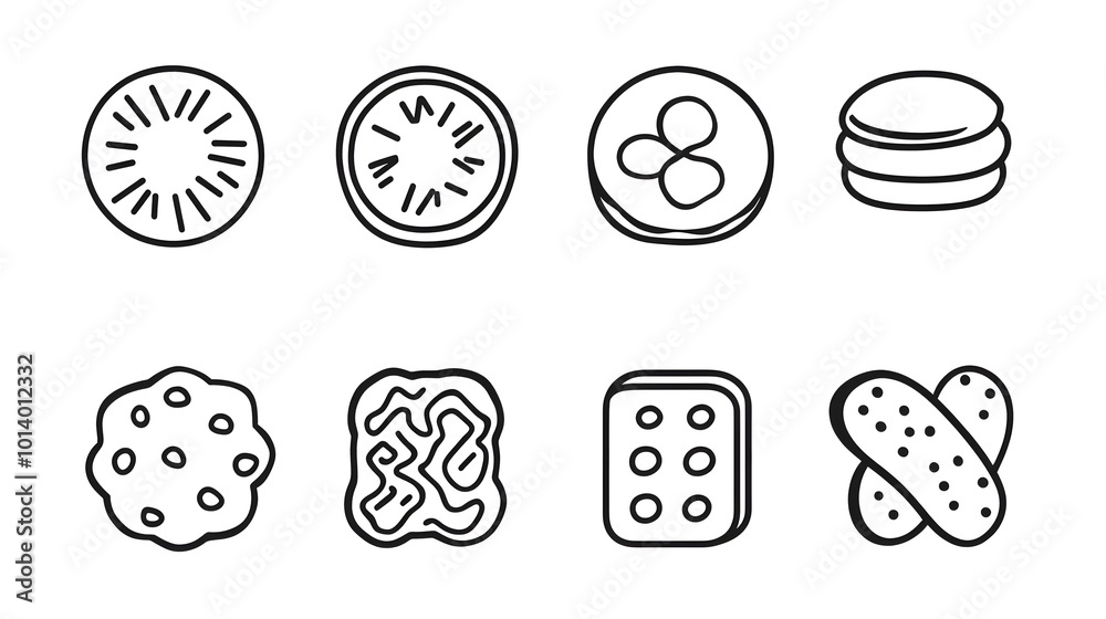 Outline silhouette set of biscuit icons, featuring a variety of simple and minimalist designs, isolated on a white background Outline silhouette set of biscuit icons, featuring a variety of simple and minimalist designs, isolated on a white background