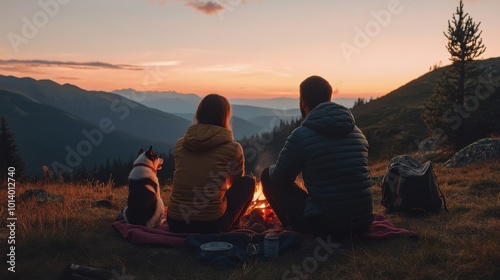 Fototapeta Naklejka Na Ścianę i Meble -  Couple enjoys a campfire with their dog during sunset in the mountains