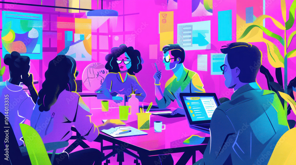 A visual of a neurodiverse team collaborating in an inclusive office environment, focusing on the value of different cognitive abilities. A visual of a neurodiverse team collaborating in an inclusive office environment, focusing on the value of different cognitive abilities.