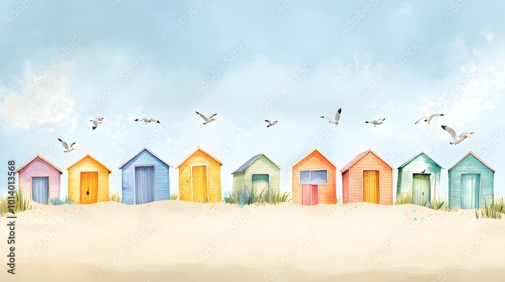 Panoramic summer banner or card design with beach huts, seagulls, and sandpipers, set against a marine-themed watercolor illustration Panoramic summer banner or card design with beach huts, seagulls, and sandpipers, set against a marine-themed watercolor illustration