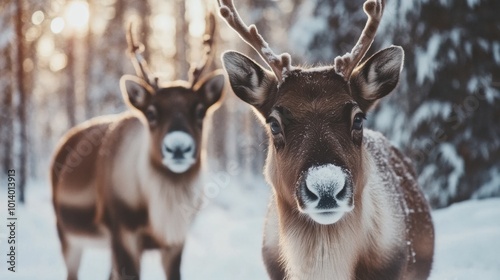 Two reindeer resting in a snowy forest during a winter afternoon