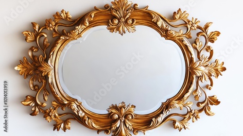 An ornate mirror with a hand-carved wooden frame, detailed with floral motifs and a gold leaf finish