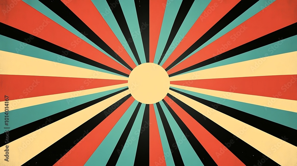 Fototapeta premium Vintage sunburst background with red, blue, yellow, and black stripes.