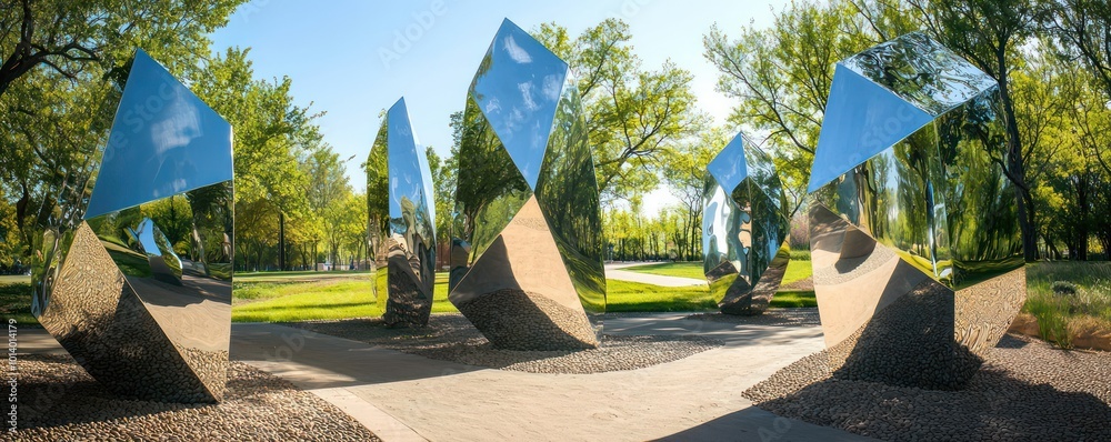Naklejka premium An outdoor art installation consisting of multiple mirror-polished stainless steel sculptures that reflect and distort the surrounding park environment