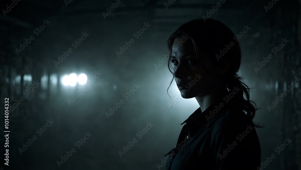 A silhouette of a woman turning towards the camera in a dark, creepy setting. A silhouette of a woman turning towards the camera in a dark, creepy setting.