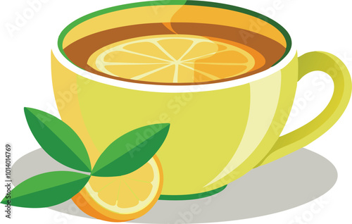 Cup of herbal tea with lemon slice and green leaves, refreshing drink cartoon illustration