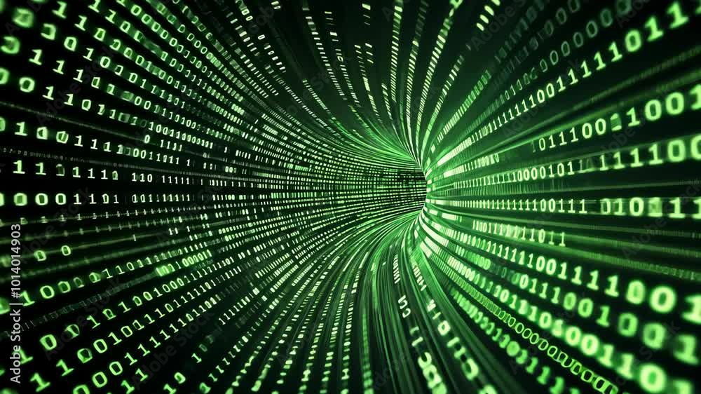 A digital tunnel made of binary code extends into the distance, creating a visual representation of the interconnected nature of the digital world